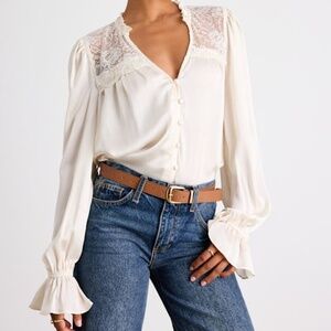 Lulus Atwood Ivory Textured Lace Long Sleeve Button-front Top White - Size XL